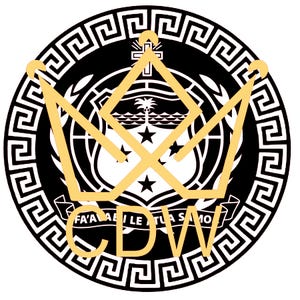 May include: Black and white circular design with a gold crown and the text "FA'A LE ATUA SA MO" and "CDW" in the center.