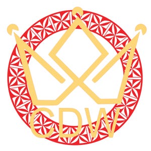 May include: A red circle with a white geometric pattern surrounds a gold crown with the letters "CDW" in gold.