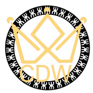 May include: A black and white circular design with a gold crown in the center. The crown is made of two overlapping triangles. The text "CDW" is below the crown.