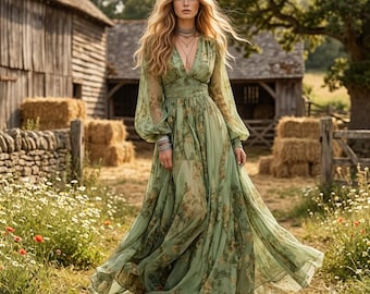 May include: A floor-length sage green dress featuring long, sheer bishop sleeves, a deep V-neckline, and a fitted bodice. The fabric is adorned with a muted floral pattern in shades of brown and tan, flowing into a full, pleated skirt.