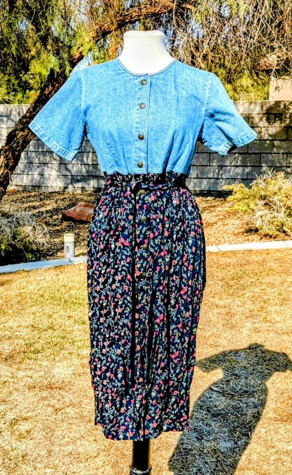 Vintage Cherokee Blue Jean Denim Petite Small Full-button Blouson Midi Dress EUC