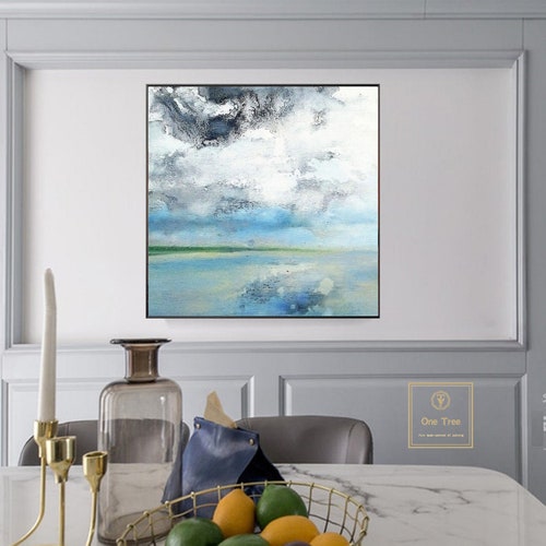 Green Ocean Abstract painting/Large Abstract painting/Blue sea Abstract canvas Oil shops painting/Grey Cloud Painting/Modern seascape painting