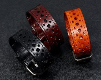 Creative Jewelry Wide Wristband Design Retro Hollow Genuine Leather Bracelet Adjustable Long Cuff Bangles