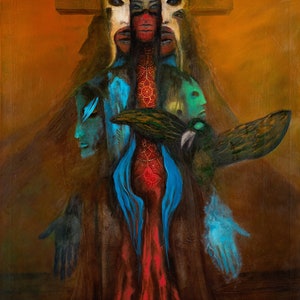 May include: A painting of a figure with multiple faces, wearing a brown robe and holding a large, green, bird-like object. The figure has a red, flowing garment underneath the robe. The background is a warm orange color.