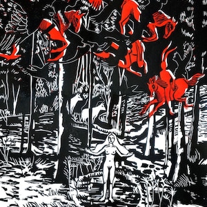 May include: A black, white, and red woodcut print depicting a central standing figure in a forest clearing. Above, red horses and black birds fly through the trees. The scene features high-contrast lines and bold color blocking throughout.