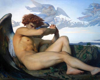 May include: A painting of a winged angel with a muscular, nude torso. The angel is sitting on a rock with its wings spread out behind it. The angel is looking down with a sorrowful expression. The background is a light blue sky with clouds.