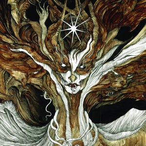 May include: A dark, detailed illustration of a creature with a human-like face and a tree-like body. The creature has a star above its head and is surrounded by snakes. The background is black.