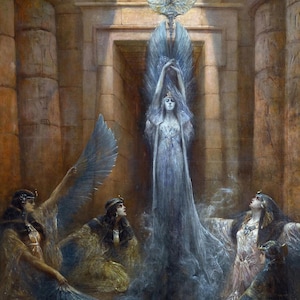 May include: A painting depicting a woman in a white gown with wings, standing in a temple setting. Three other women in colorful robes are looking up at her. The scene is bathed in a soft, ethereal light.