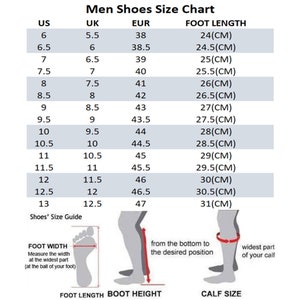 K&ouml;nnte beinhalten: Eine Schuhgr&ouml;&szlig;entabelle f&uuml;r Herren mit den Gr&ouml;&szlig;en US, UK und EUR in Spalten. Die Tabelle zeigt die entsprechenden Fu&szlig;l&auml;ngenma&szlig;e in Zentimetern. Ein Diagramm zeigt, wie man die Fu&szlig;l&auml;nge, die Stiefelh&ouml;he und die Wadengr&ouml;&szlig;e misst.