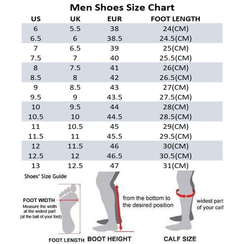K&ouml;nnte beinhalten: Eine Schuhgr&ouml;&szlig;entabelle f&uuml;r Herren mit den Gr&ouml;&szlig;en US, UK und EUR in Spalten. Die Tabelle zeigt die entsprechenden Fu&szlig;l&auml;ngenma&szlig;e in Zentimetern. Ein Diagramm zeigt, wie man die Fu&szlig;l&auml;nge, die Stiefelh&ouml;he und die Wadengr&ouml;&szlig;e misst.
