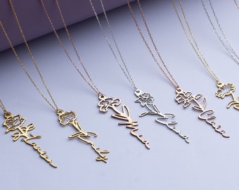 Collier de nom avec fleur de naissance, collier de nom floral, collier de nom de fleur en or, cadeau pour elle, collier de nom floral personnalisé, cadeau de Noël