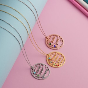 Family Tree with Birthstone Necklace, Tree of Life Name Necklace, Multiple Birthstone Necklace, Custom Family Name Necklace, Gift for Mom