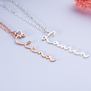 Custom Vertical Name Plate Necklace, Italic Handwriting, Family Initial Pendant, Sterling Silver Jewelry, Personalized Gift Idea for Lover