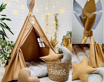 Chocolate brown tepee & natural grey mat SET BOHO style indoor and outdoor teepee for children camp kids playhouse canvas tent birthday idea