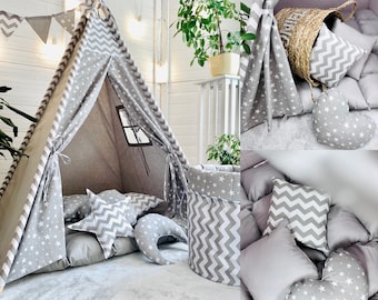 Star Gray teepee tent for neutral nursery sparkling star grey nursery mini camp with stars, Boho playhouse tipi, cosmic kids room decor hut