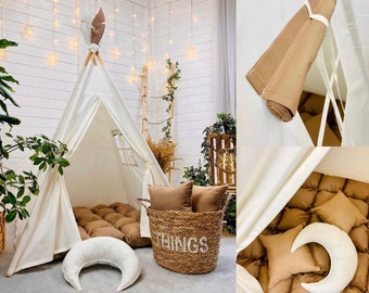 BOHO Tipi Ecru Creme hell & braun Matte Kissen SET Innenzelt hochwertiges Tipi Minicamp Spielhaus Chalet Babyzimmer Idee natürliche Kinderleinwand