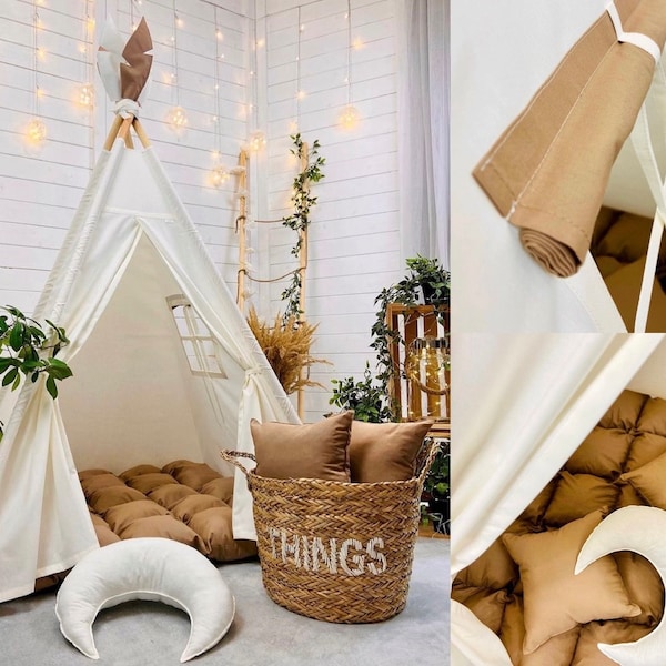 BOHO Tipi Ecru Creme hell & braun Matte Kissen SET Innenzelt hochwertiges Tipi Minicamp Spielhaus Chalet Babyzimmer Idee natürliche Kinderleinwand