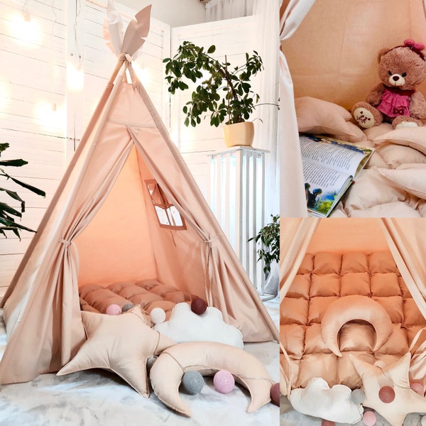 BOHO teepee peach warm beige cream and cozy fluffy mat, cushions SET indoor Indian tent high quality  playhouse for kids Christmas present