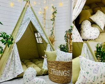 BOHO green teepee play tent with rabbits and mat, kids room playhouse for boys and girls light green tepee for nursery, 1st birthday present