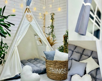 BOHO ecru teepee play tent cream with gray floor mat neutral kids room playhouse for boys and girls grey tipi for nursery, 1st birthday gift