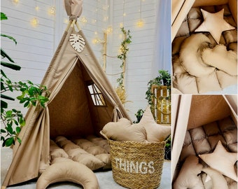 Warm brown Teepee Tent sand camel beige Acessories 3 cushions and mat SET BOHO style kids tent wigwam Indian tipi playhouse indoor baby gift