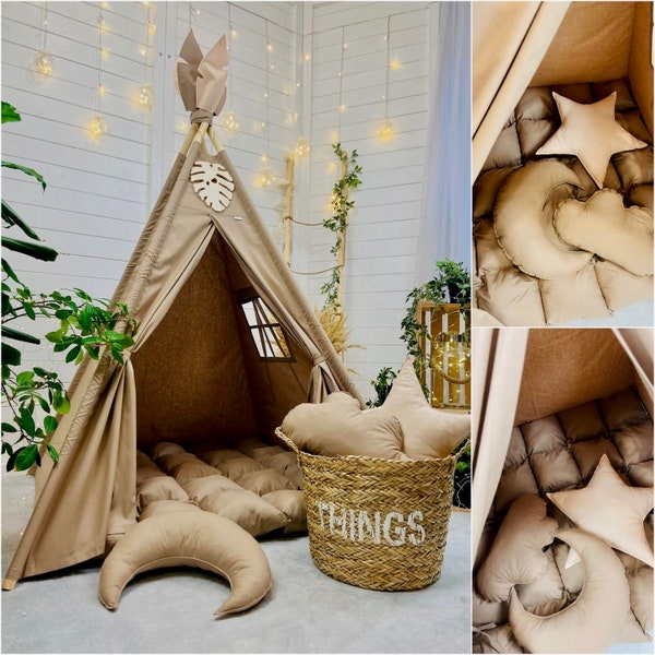 Warm brown Teepee Tent sand camel beige Acessories 3 cushions and mat SET BOHO style kids tent wigwam Indian tipi playhouse indoor baby gift