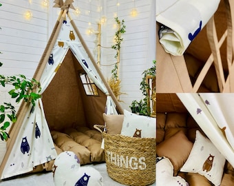 BOHO braun ecru Tipi Spielzelt mit Bär und Bodenmatte neutrales Kinderzimmer Spielhaus für Jungen und Mädchen brownq Tipi für Kinderzimmer, 1 Geburtstag