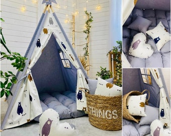 Neutral gray teepee tent & cute bear print for forest nursery padded mat chalet teepe playhouse for kids indoor garden full SET infant gift
