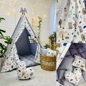 BOHO grijze bos tipi speeltent met dieren en mat neutraal babykamer speelhuisje voor jongens en meisjes grijze tipi voor kinderkamer, 1e verjaardag