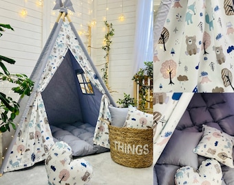 BOHO grey forest teepee play tent with animals and mat neutral baby room playhouse for boys and girls grey tepee for nursery, 1st birthday