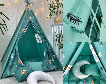 BOHO green teepee tent & forest animals pattern, Full set, Neutral nursery teepee with animals, Boho animal-themed playhouse tent woodland