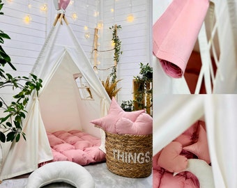 BOHO ecru teepee play tent cream with pink floor mat neutral kids room playhouse for girls, dusty pink nursery for princess, 1st birthday