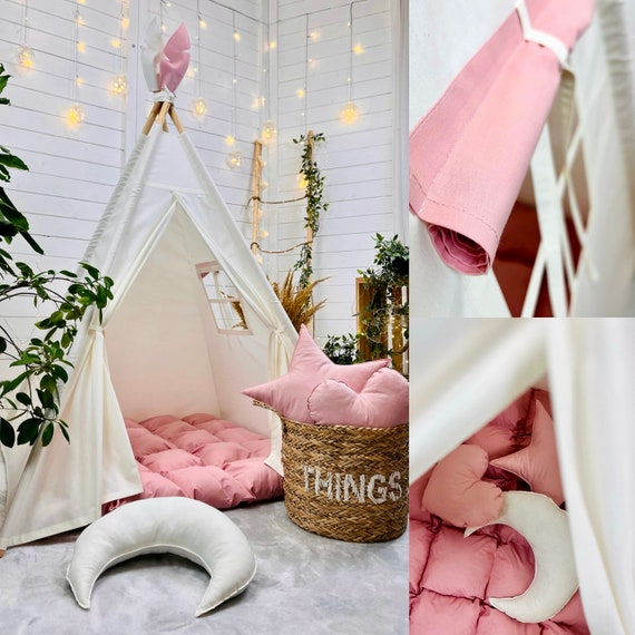 BOHO ecru teepee play tent cream with pink floor mat neutral kids room  playhouse for girls, dusty pink nursery for princess, 1st birthday