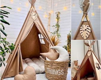 Brown tipi tent & light beige play mat FULL SET gift idea for birthday gender reveal party baby shower playhouse children nursery decoration