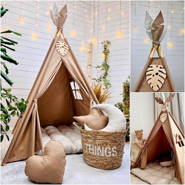 Braunes Tipi-Zelt und hellbeige Spielmatte, KOMPLETTES SET, Geschenkidee für Geburtstagsparty, Babyparty, Spielhaus, Kinderzimmerdekoration