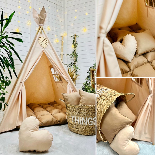 BOHO peach beige teepee play tent with brown padded mat neutral kids room playhouse for children warm peachy beige tipi nursery beige tipi