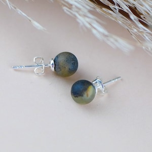 Chic stud, silver Baltic amber earrings | Green amber stud earrings with round bead | Chic women earrings | Handmade jewelry |