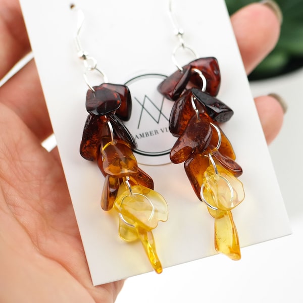 Natural amber drop earrings for women | Dangle colourful earrings with natural gemstone beads | Chic women earrings | Handmade jewelry