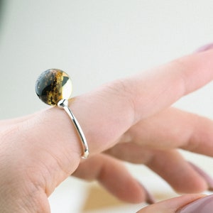 Adjustable silver ring with natural green amber bead | Women statement silver ring with gemstone | Handmade gemstone silver ring