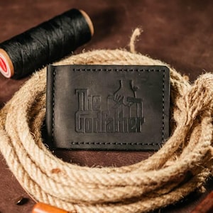 Billetera de cuero con clip para billetes hecha a mano para hombre, color negro con el grabado de El Padrino, regalo clásico personalizado