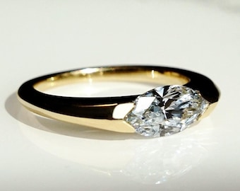Marquise Lab Diamond Ring, Half Bezel Solitaire, Modern Solid Gold Minimalist Jewelry