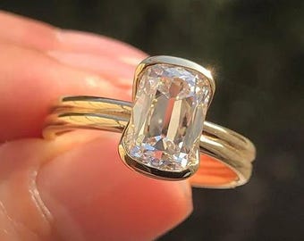 2.00ct Old Mine Cut Lab Diamond Ring | Half Bezel Gold Solitaire