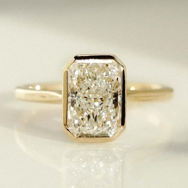 Radiant Cut Lab Diamond Solitaire Ring, 14K Gold Bezel Setting, Elegant Engagement