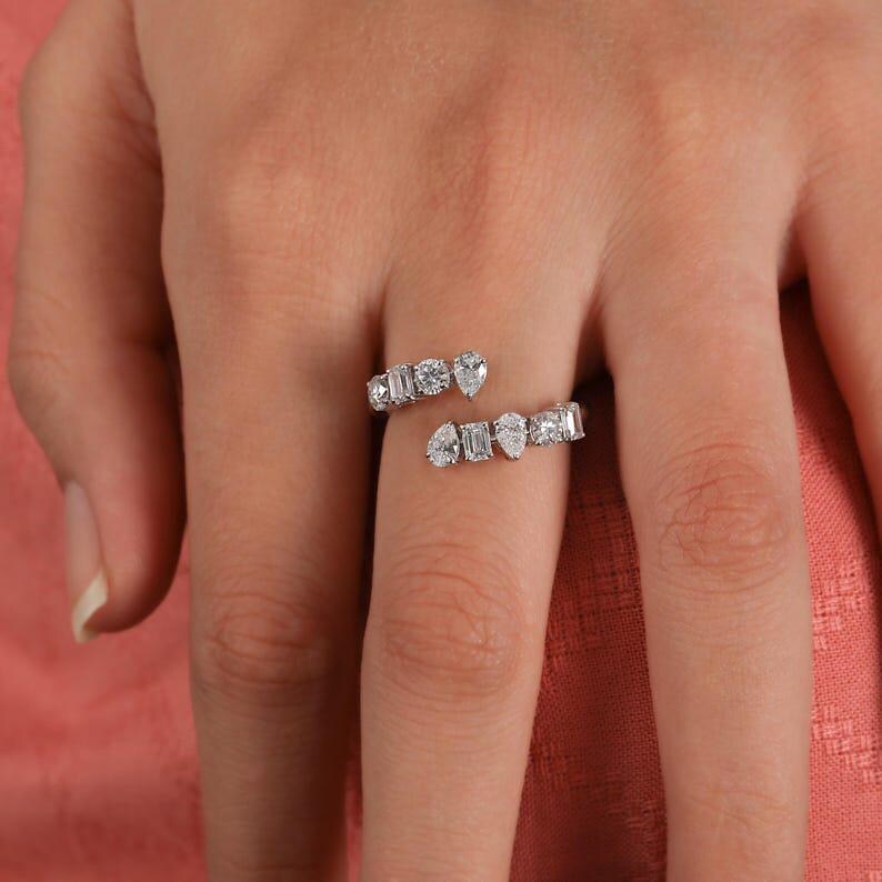 Open Pass Rings Open Bypass Multi-shape Diamond Statement Ring in White Gold - Etsy