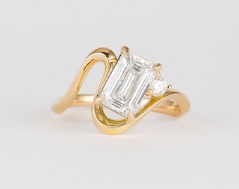 Emerald Cut Lab Diamond Engagement Ring, Solitaire with Curved Pavé Band, Solid Gold