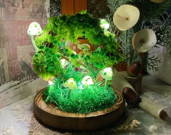 Dreamy  Mushroom Lamp with Squirrels Green Night Light Magic Lamp Unique Handmade Gift for Birthday Christmas Home Decor