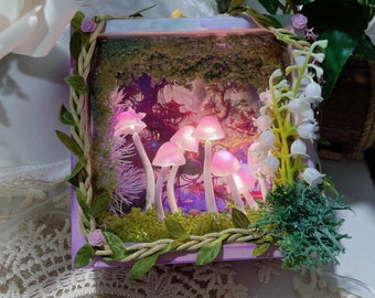 Linda caja púrpura lámpara de setas hecha a mano setas luz nocturna bosque luz nocturna lámpara de mesa caja única luz cumpleaños regalo de Navidad