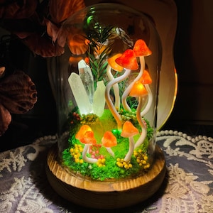 Lámpara de hongo naranja encantada con cristales brillantes / Luz nocturna de terrario de hongos / Lámpara de hongo de fantasía para decoración de habitación infantil, regalo único