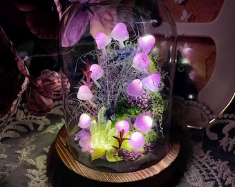 Lámpara de noche con forma de hongo morado, cristal brillante, lámpara de hongo encantada hecha a mano para dormitorio, decoración única para el hogar, regalos de cumpleaños y Navidad.
