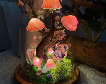 Whimsical Handmade Mushroom Tree with Crystals, Butterflies & Moss – Magical Forest-Inspired Decor